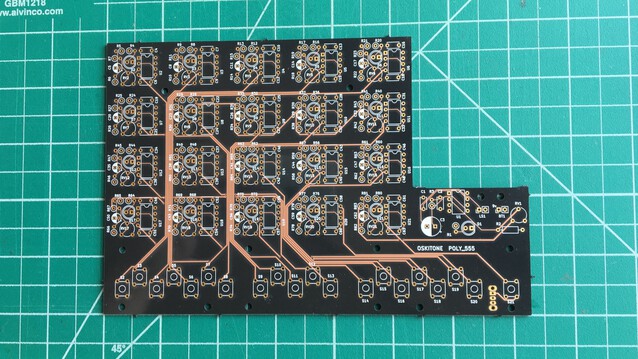 An early POLY555 PCB in its "L" shape, highlighting its wasted space