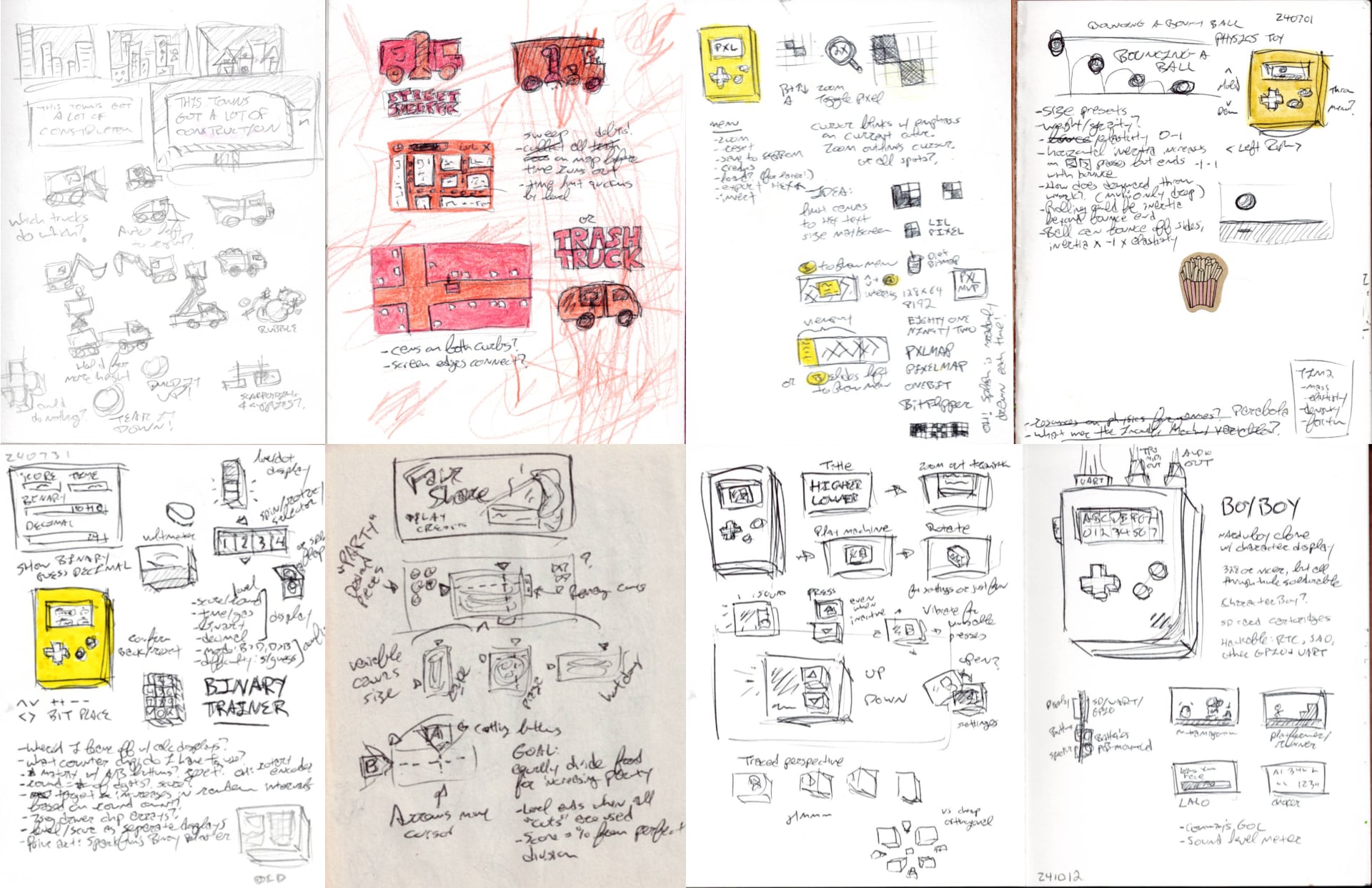 Sketchbook drawings of Arduboy game ideas