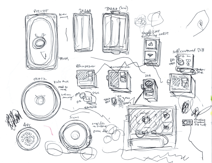 Dimensional traces of different speakers and batteries, and drawings of how they could fit together